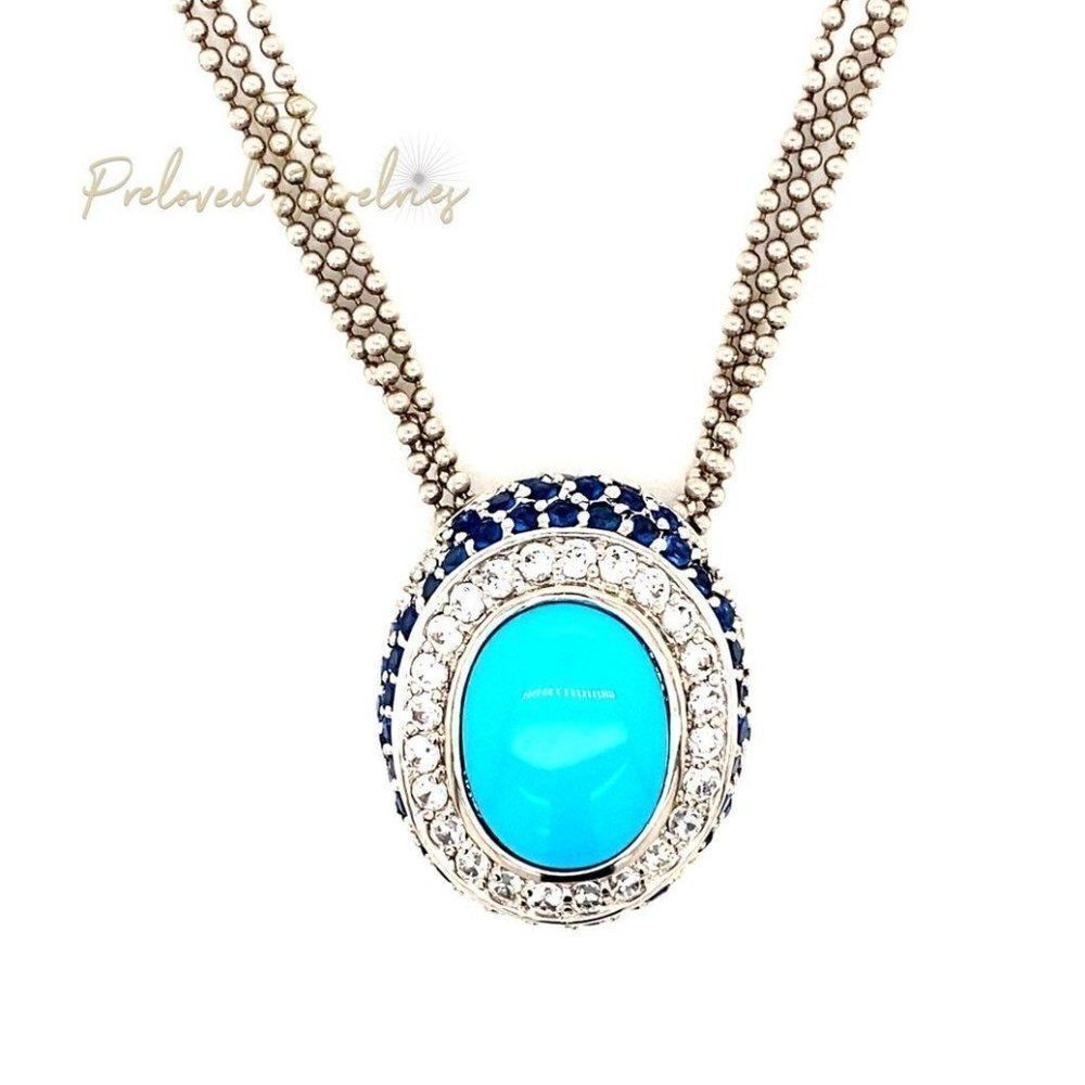 925 Turquoise/Cz/Sapphire Oval Pendant Necklace